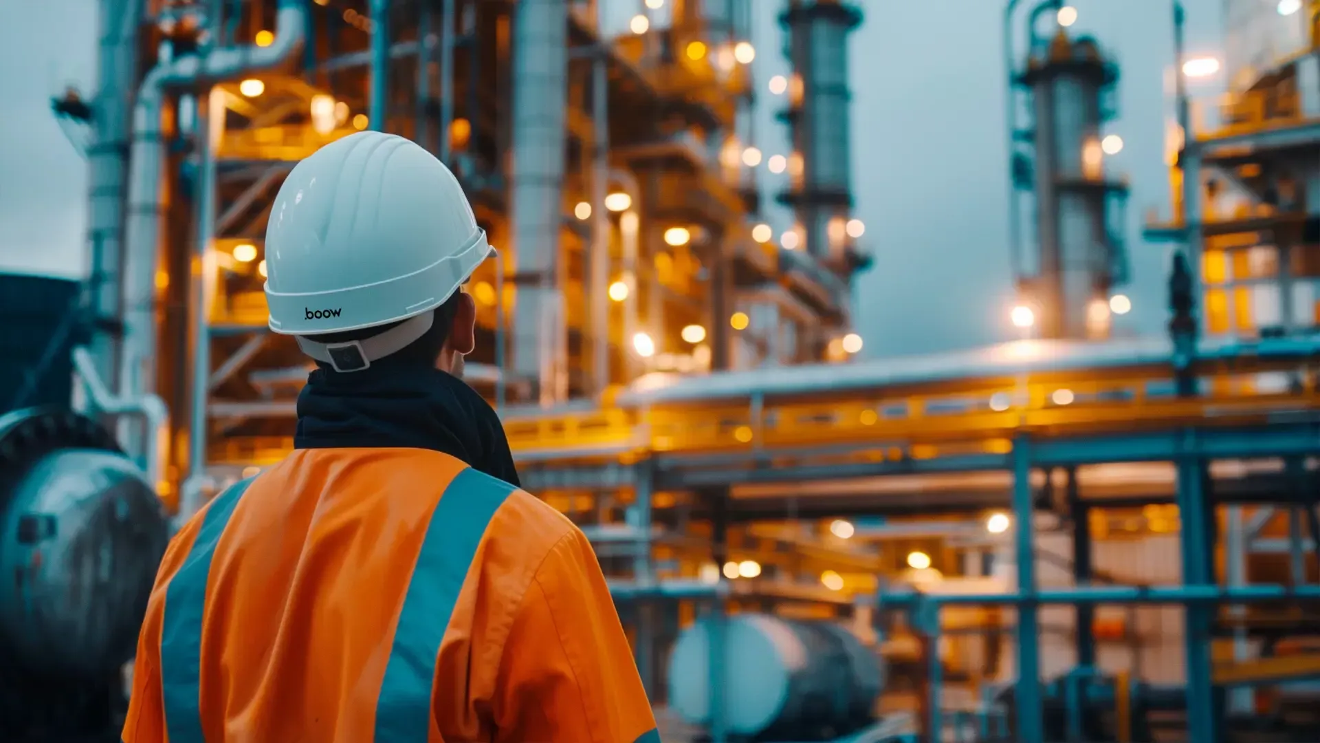 An engineer in a hi-vis jacket with an offshore facility in the background